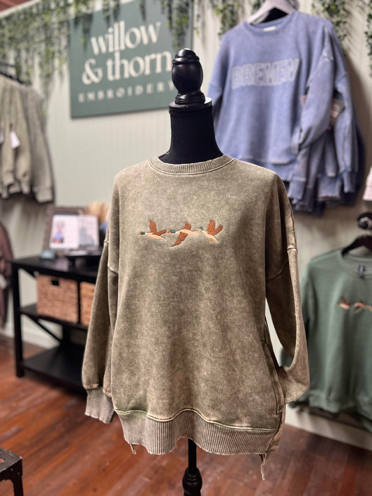 Mallard Duck Light Olive Pocketed Hi-Lo Hem Crewneck Sweatshirt