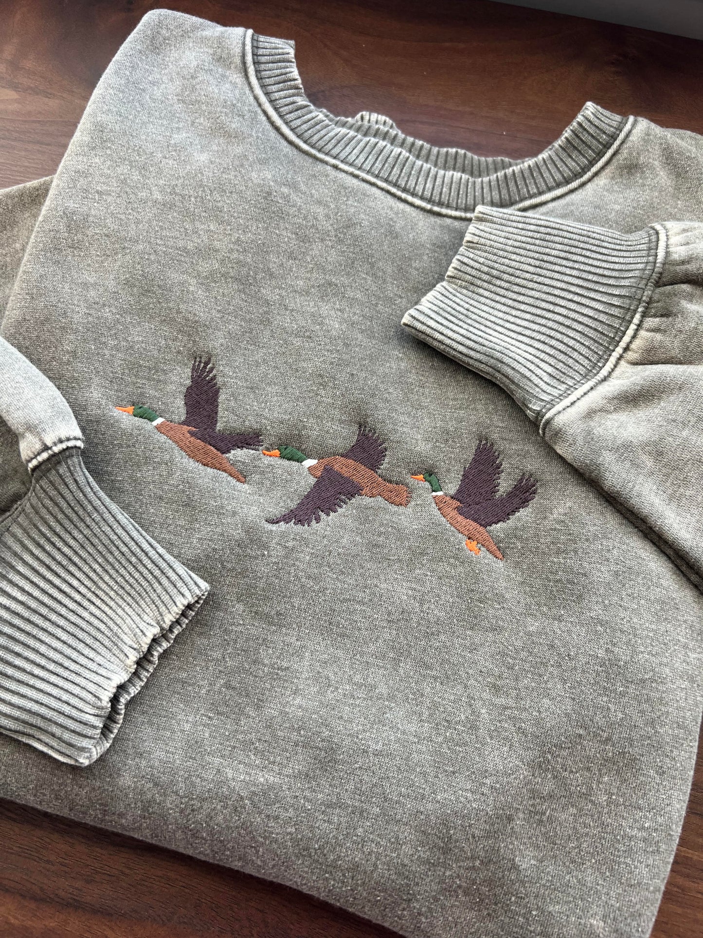 Mallard Duck Light Olive Pocketed Hi-Lo Hem Crewneck Sweatshirt